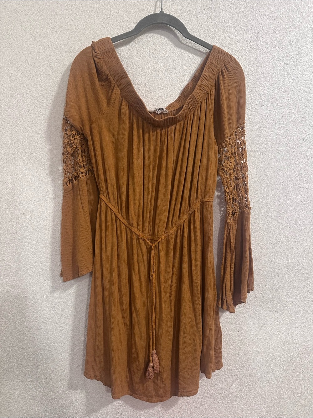 Blush Rust Brown Boho Crochet-Sleeve Long Sleeve Dress